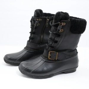 SPERRY Duck Boot Women Size 9M Black Waterproof Leather Real Fur